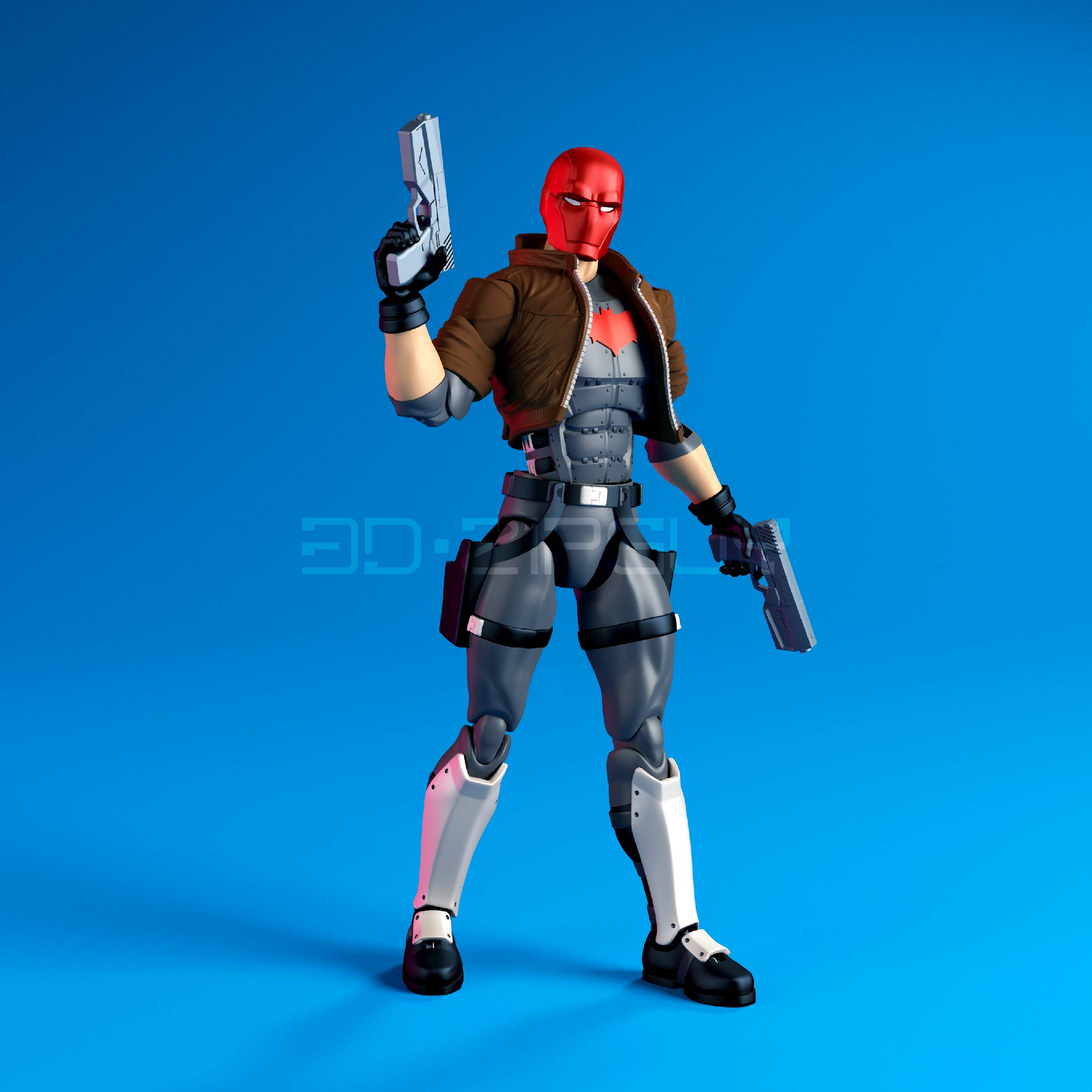 3D rendered articulated Red hood action figure, 3D printable stl files by 3D Zipguy for 3D printing